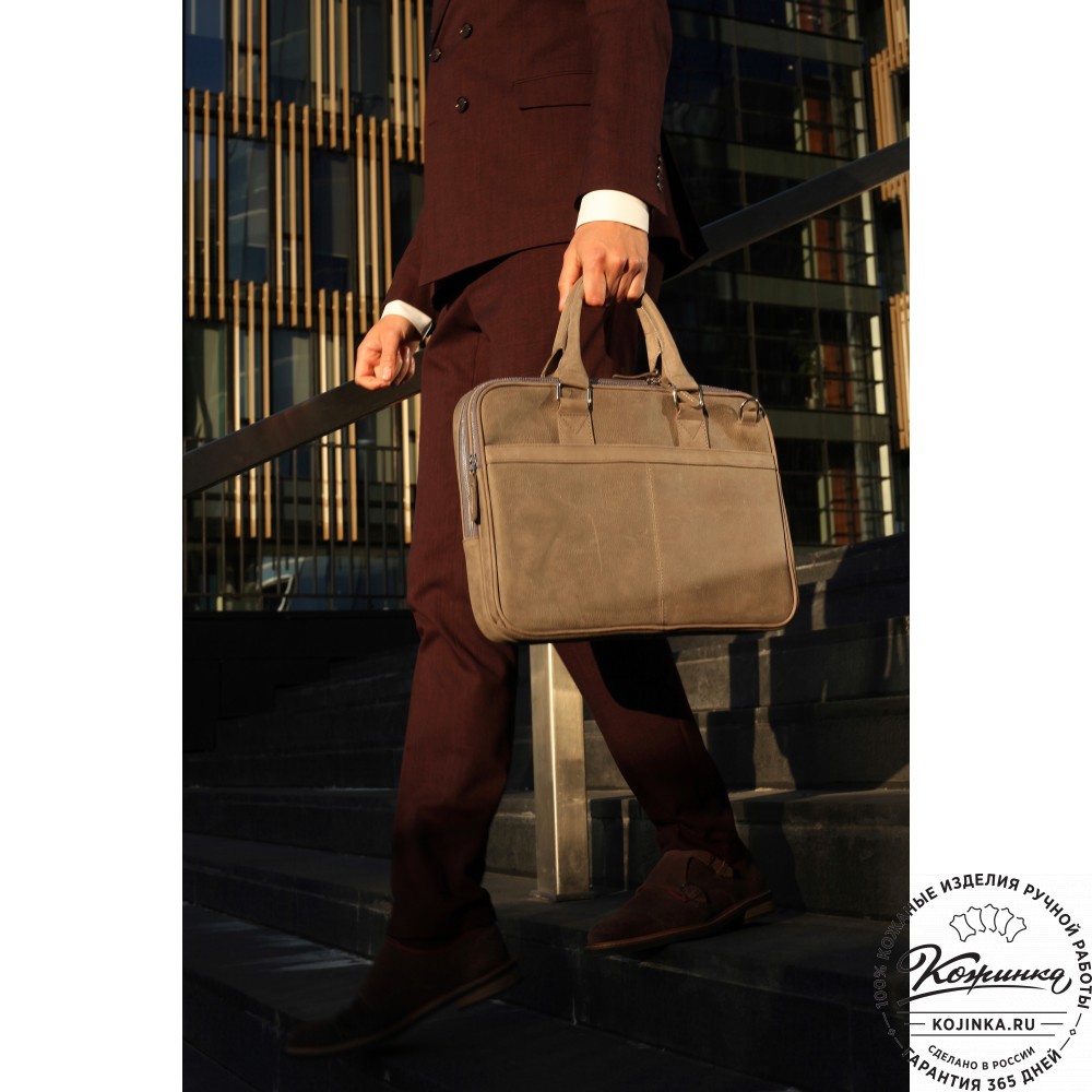 Деловая кожаная сумка "Рудольф" (серый крейзи фактура)